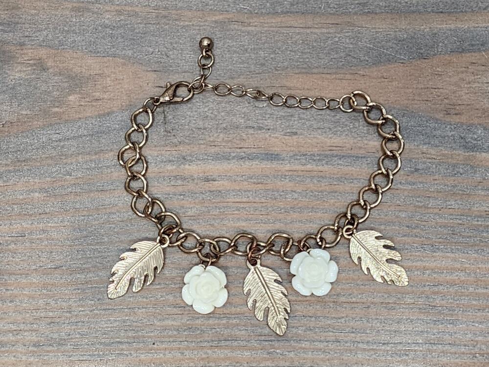 Charm Bracelet White Flowers Leaf Brass Tone